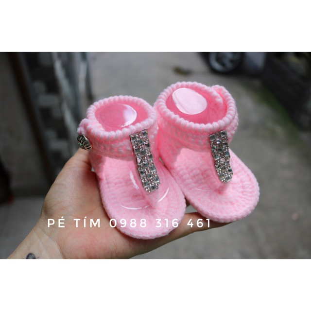 Giày len handmade/ giày len hồng baby pha lê