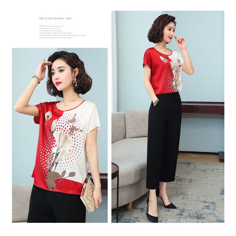 Áo thun tay ngắn cổ tròn dáng rộng in họa tiết thời trang cho phụ nữ trung niên