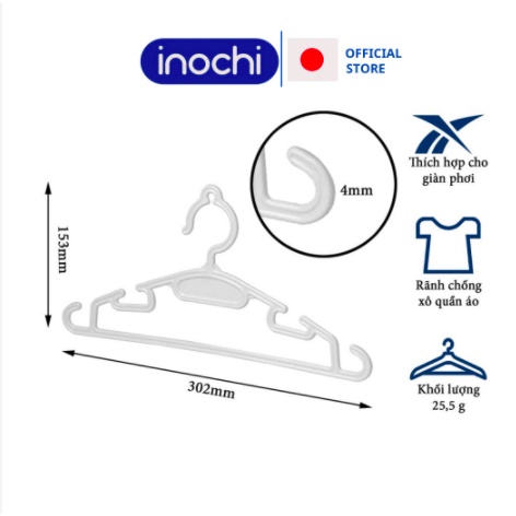 Móc Quần Áo Trẻ Em, THỊ NHÍM STORE, Combo 10 Mắc Nhựa Quần Áo Trẻ Em Inochi Mã 185 KT 30cm