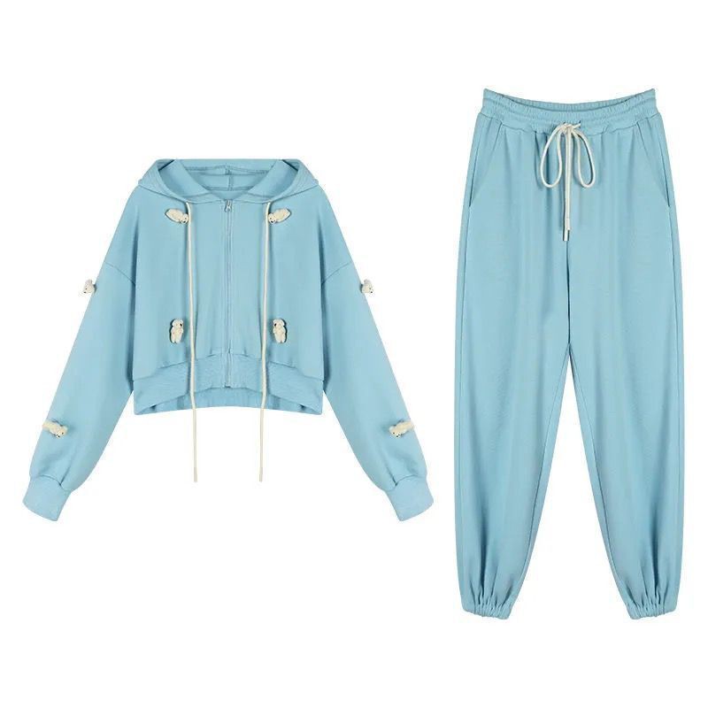 > áo len phù hợp với nữ 2021 New Fried Street Blue trùm đầu cardigan mùa xuân và hè quần thể thao giản dị hai SET