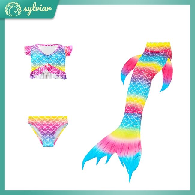 Set 3 Món Đồ Bơi Bikini Đuôi Cá Nhiều Màu Sắc Dành Cho Bé Gái