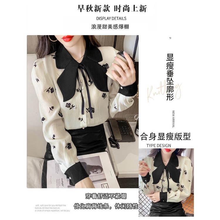 2022 autumn new bow collar Hepburn broken flower blouse feminine bubble long-sleeved chiffon bottomed shirt girl