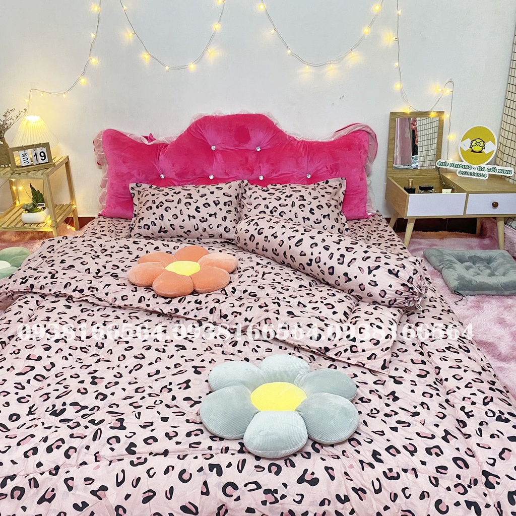 TRỌN BỘ COTTON POLY 5 MÓN CHĂN PHAO DÀY DẶN HÀNG VN ĐỐM HỒNG  - ĐỦ KÍCH THƯỚC