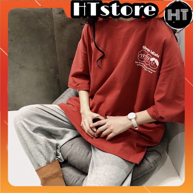 Áo phông nữ ♥️HTSTORE ♥️ Áo thun tay lỡ form rộng cotton hút mồ hôi in hình chú bé góc ngực màu cam đất trắng đen
