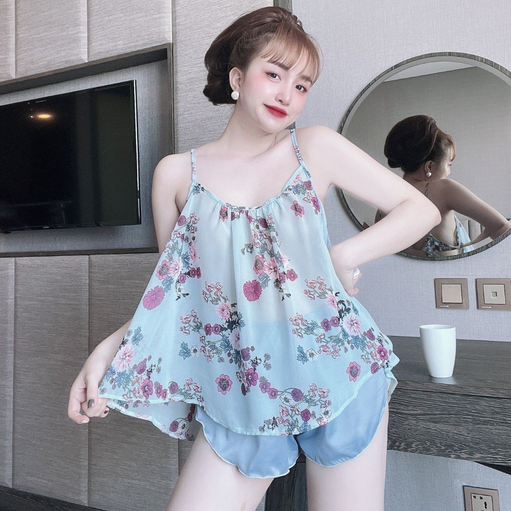 Đồ ngủ nữ BIGSIZE MIKY, Đồ ngủ sexy lụa Chiffon phối Satin cao cấp mềm mại xinh xắn <63kg