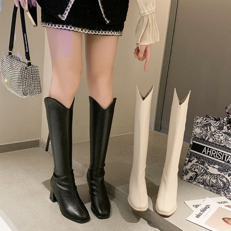 Bốt Đùi Nữ Cổ V Boot Cao Cổ Khóa Sau Da Lì Gót Vuông 7cm F69 có lót nhung mịn