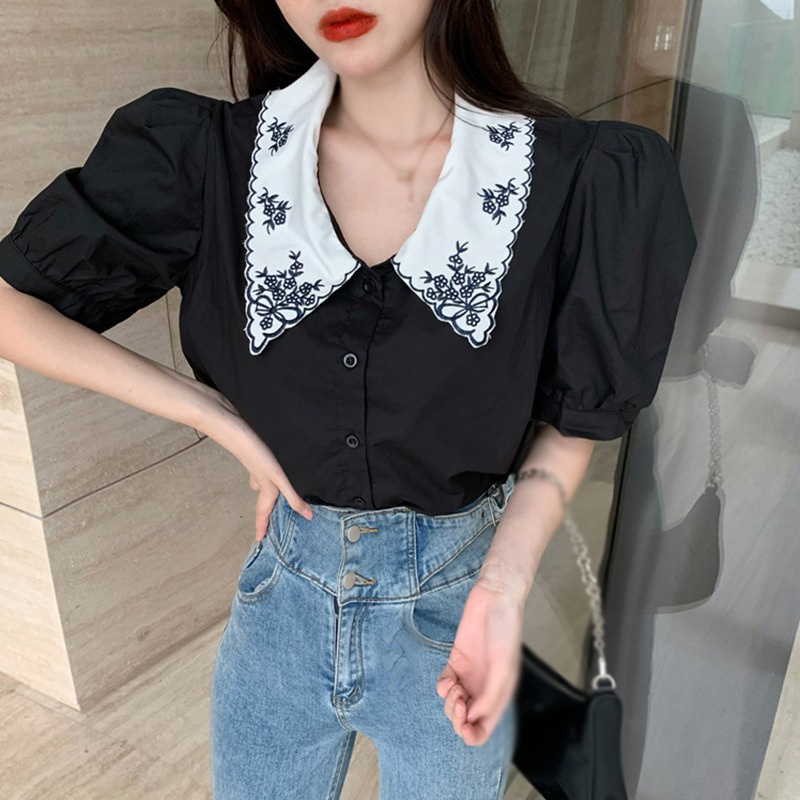 Áo sơ mi tay phồng dáng rộng thêu họa tiết phối màu tương phản kiểu retro thời trang mùa hè cho nữ