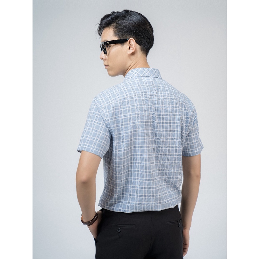 Áo sơ mi nam ngắn tay OWEN BA220114NT công sở vải sợi café cao cấp màu kẻ caro xanh mint dáng suông tà bằng có túi