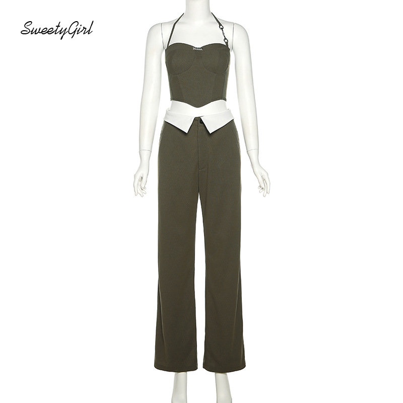 Set Áo Cổ Yếm Không Tay + Quần Dài Lưng Cao Màu Xanh Lá Trơn Thời Trang 2022 Cho Nữ