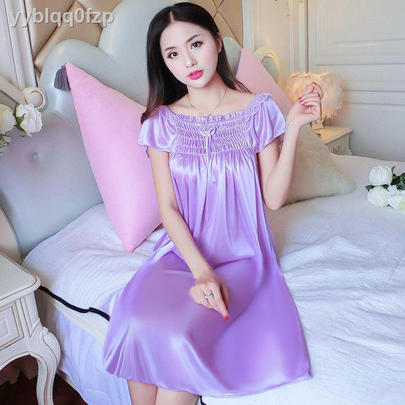 yyblqq0fzpVáy ngủ nữ mùa hè sexy băng lụa ngắn tay dài size lớn béo mm cộng thêm mỡ tăng cho bà bầu đồ voan mỏn