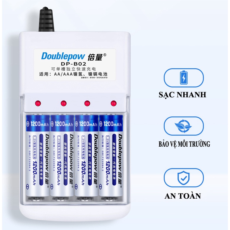 Bộ sạc pin AA/AAA DB02, Pin AA 1200mah Doublepow (hàng chính hãng) Pin Sạc Micro Không Dây