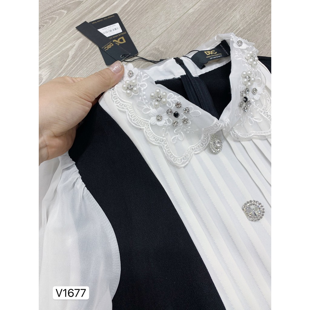 Váy đen xòe tay phối trắng V1677  - QUEEN SHOP DOLCE VIVA COLLECTION (ảnh người mẫu và ảnh trải sàn do shop tự chụp)