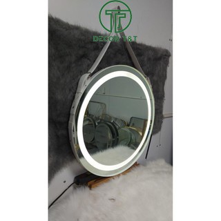 Gương tròn đèn led đẹp giá xưởng - viền da 3 màu cao cấp tăng giảm cường độ sáng size d50cm - 𝐃𝐄𝐂𝐎𝐑 𝐓&𝐓