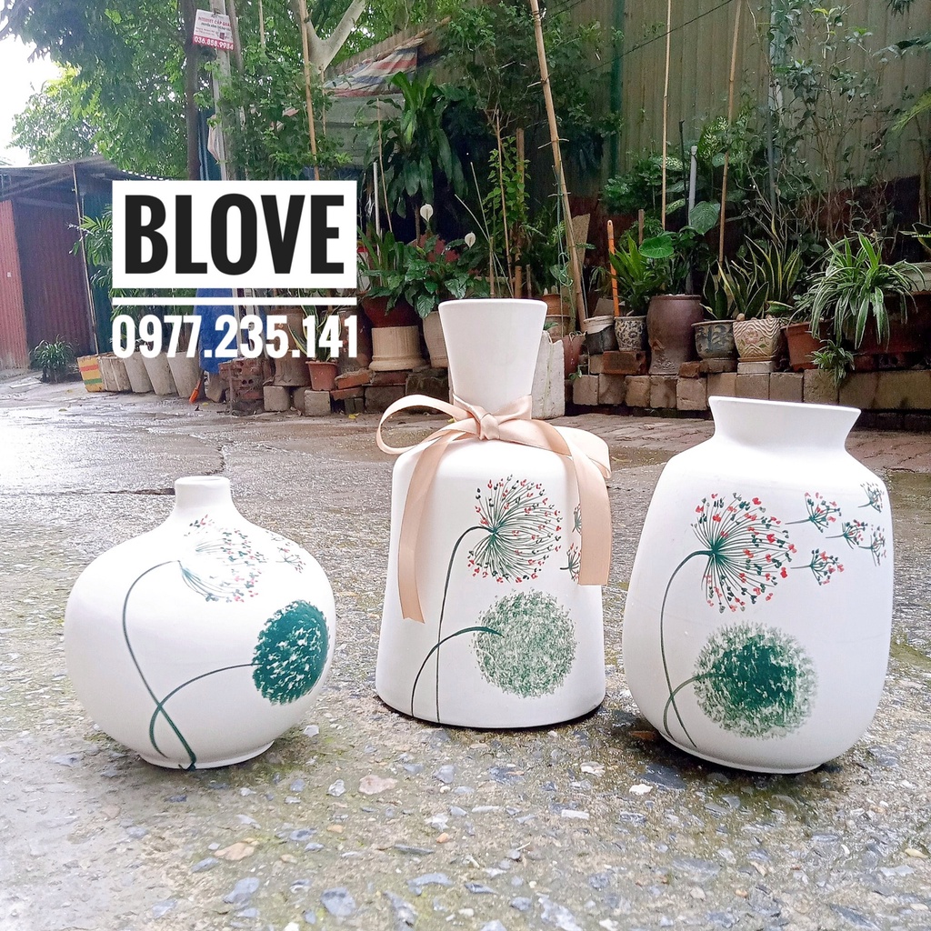 Quà tặng cao cấp, Bộ 3 Bình hoa bồ công anh,Gốm sứ bát tràng vẽ tay,Trang trí nhà cửa,decor,Quà tân gia, khai trương