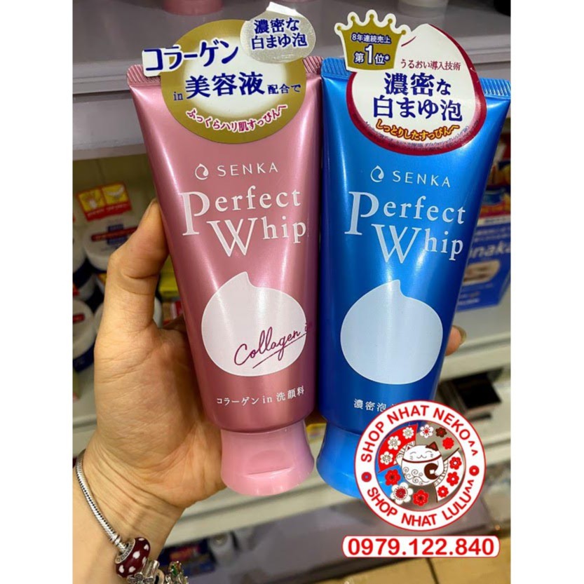 Sữa rửa mặt Perfect Whip - Collagen in - White Clay Senka màu hồng xanh trắng Nhật bản