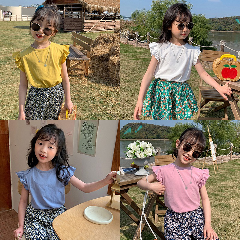 Áo Thun Cotton Cổ Tròn Tay Cánh Tiên Thời Trang Mùa Hè Cho Bé Gái