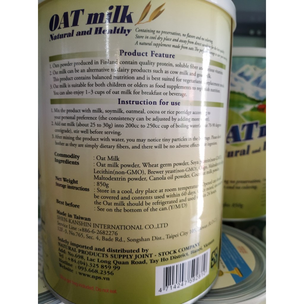 SỮA YẾN MẠCH NATURAL AND HEALTHY OATMILK 800GRAM TỪ ĐÀI LOAN