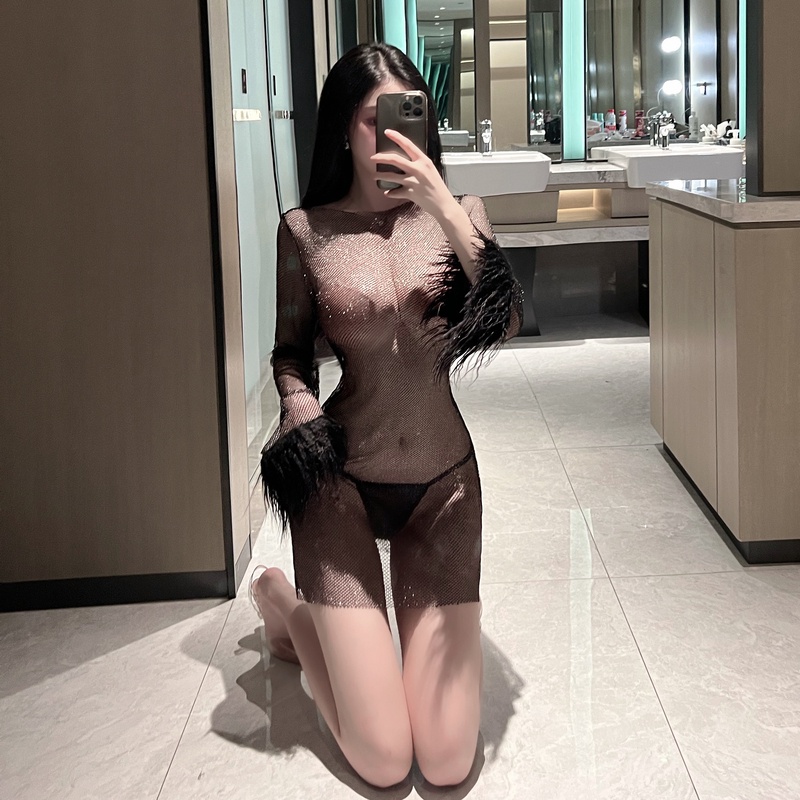 Đầm Lưới Tay Dài Phối Lông Xuyên Thấu Phong Cách Âu Mỹ Thời Trang Mùa Thu Mới 2022