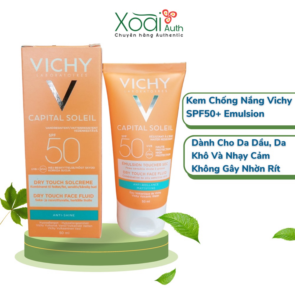 Kem Chống Nắng Vichy SPF50+ Dành Cho Da Dầu, Da Khô Và Nhạy Cảm Không Gây Nhờn Rít Không Màu 50ml - 