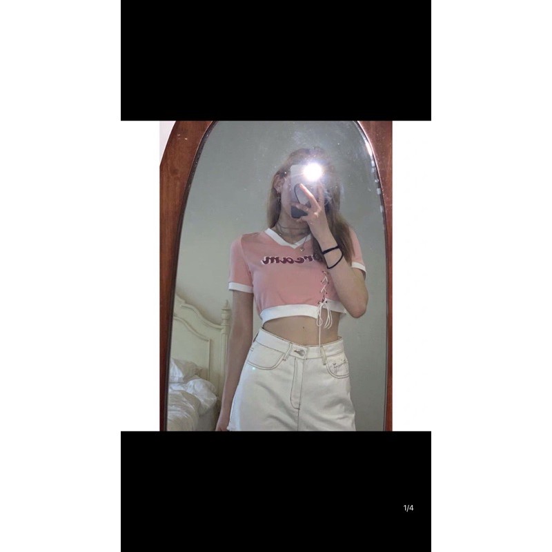 Áo Croptop cột dây cổ tim màu hồng siêu cute phong cách năng động