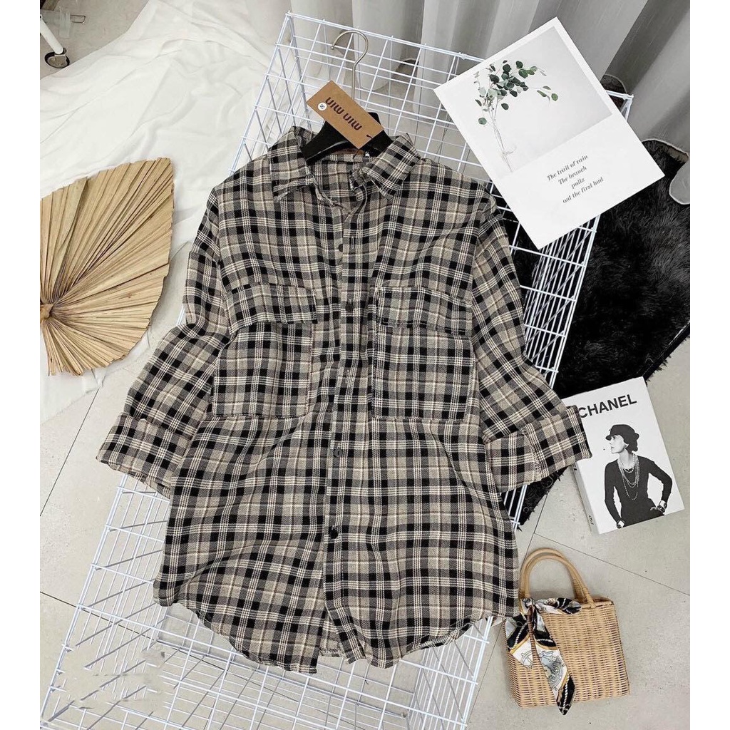 LOVI SHOP- Áo sơ mi caro 2 túi nắp kẻ màu nâu phong cách vintage