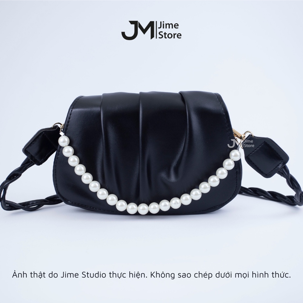 Túi xách nữ đeo vai Jime Store cho nữ bánh bèo thiết kế nếp gấp và quai gắn ngọc T21