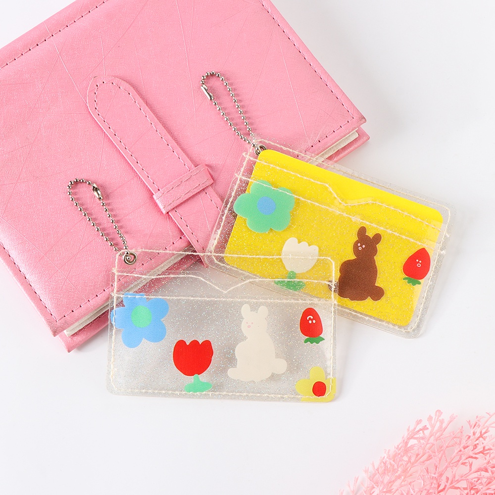 ROSE 2Pcs PVC Card Bag Waterproof Card Case Wallet Bag Cute Transparent Fashion Bear Rabbit Print Flowers