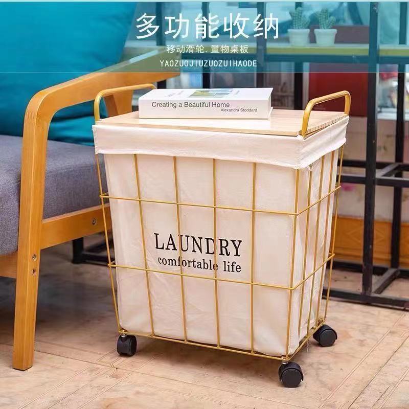 Hộp Đựng Quần Áo Bẩn Bằng Sắt Rèn Sức Chứa Lớn Có Nắp Đậy Với Bánh Xe Bằng Gỗ Retro Trang Trí Nội Thất