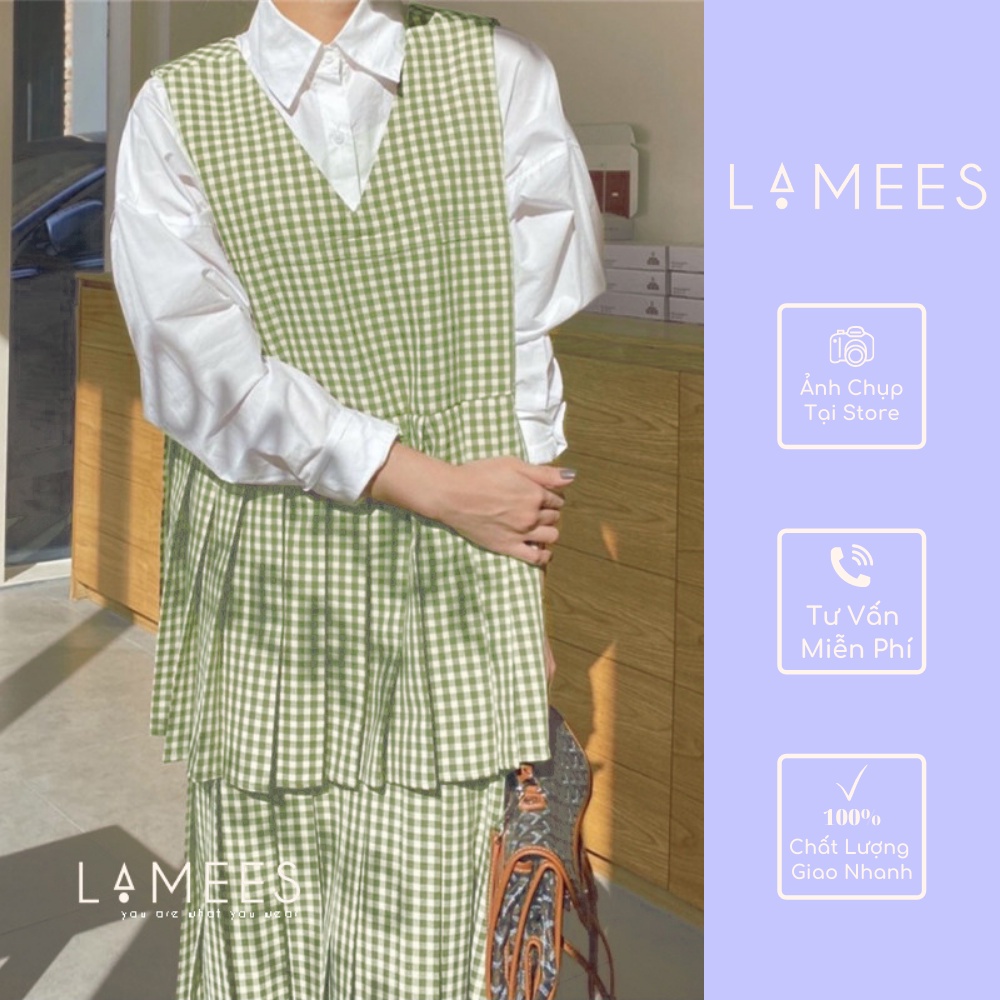 Lamees V-22 Váy liền 2 tầng bèo dập ly kết hợp cùng áo sơ mi
