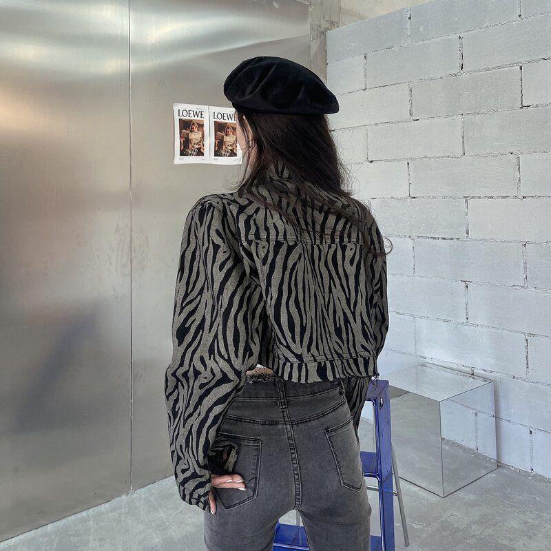 Áo Khoác Denim Dáng Ngắn In Họa Tiết Ngựa Vằn Phong Cách Đường Phố Mỹ Cổ Điển Dễ Phối Đồ Cho Nữ