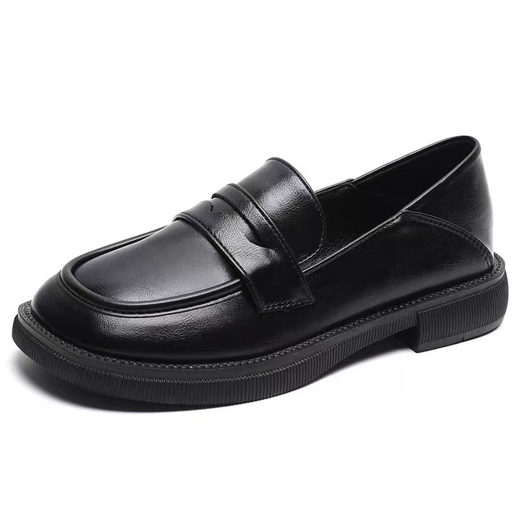 Big Size 35-43 Giày da đế bằng màu đen phong cách