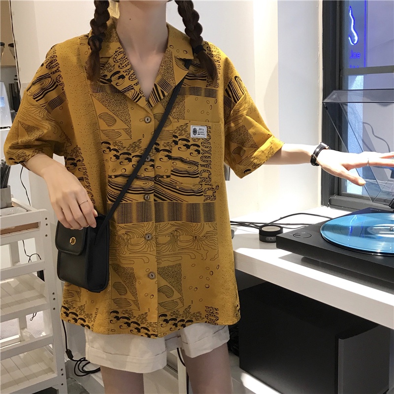Áo sơ mi SUXI kiểu mỏng dáng rộng in họa tiết vintage dễ phối đồ thời trang mùa hè cho nữ