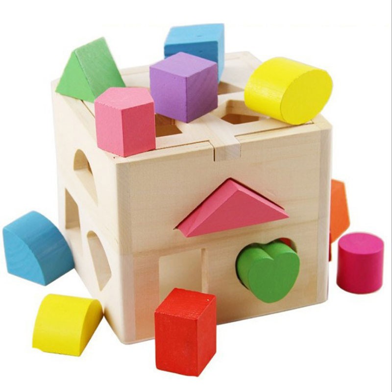 Đồ Chơi Hộp Gỗ Thả Hình Khối 13 Lỗ Hình Vuông Phân Biệt Màu Sắc quà tặng cho bé trẻ em