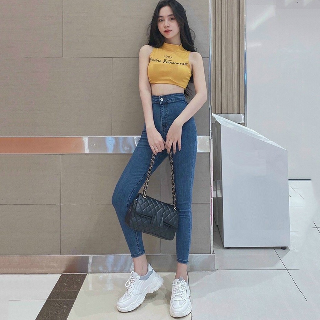 Quần jean nữ lưng cao Ladya chất denim ống đứng trơn đẹp quần bò nữ dáng dài màu đen xanh M40