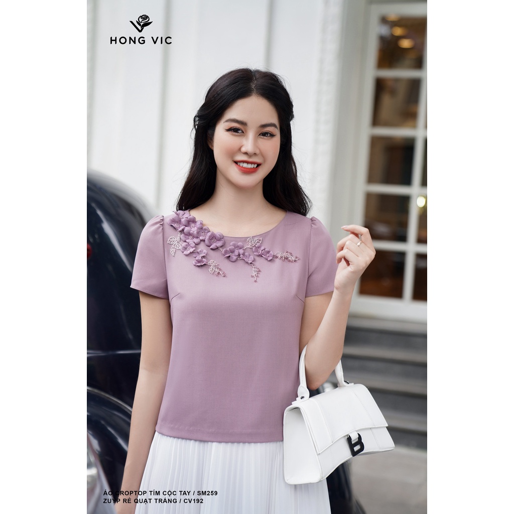 Áo nữ thiết kế Hong Vic croptop tím cộc tay SM259
