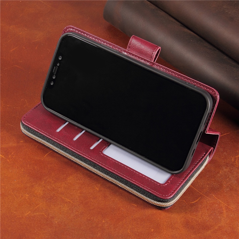 Ốp Điện Thoại Da Kèm Ngăn Đựng Thẻ Có Khóa Kéo Cho Iphone 14 13 12 Mini 11 Pro Max Plus