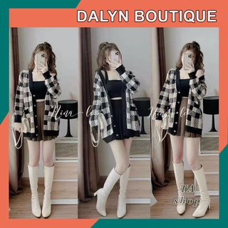 Áo Cadigan Kẻ Ô Viền Họa Tiết Kẻ Sọc, Thanh Lịch Siêu Xinh - Hàng Quảng Châu Dalyn