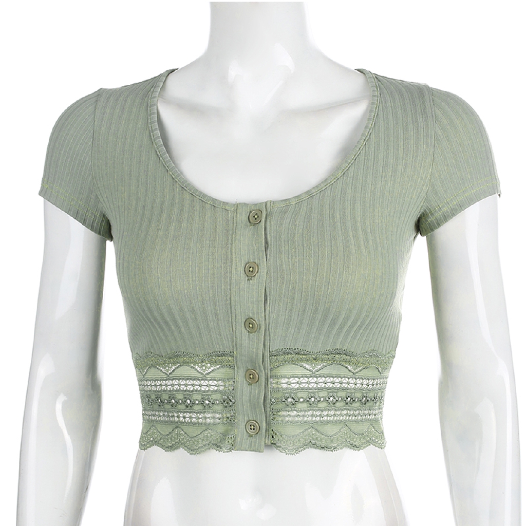 Áo Ngắn Tay Phối Ren Phong Cách Quyến Rũ Hợp Thời Trang Cho Nữ