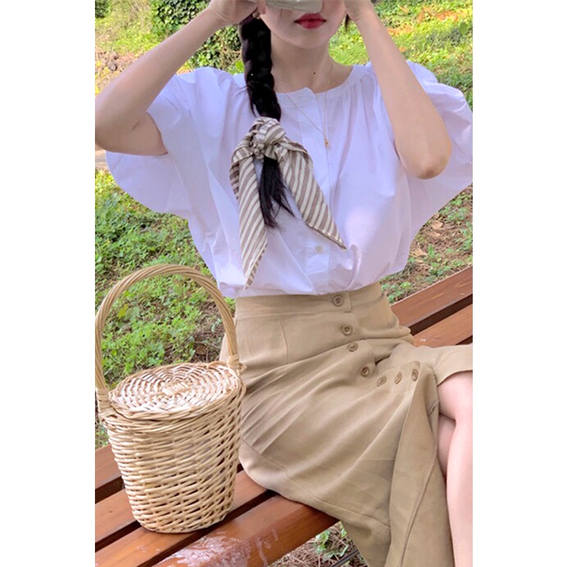 Set basic chân váy hàng nút + áo tay phồng Korea