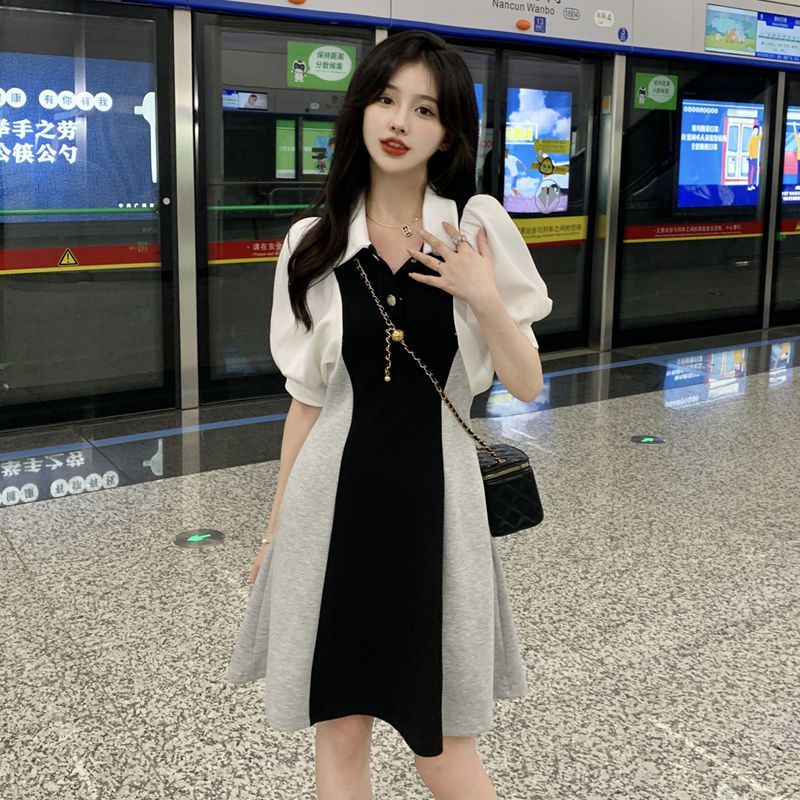 Đầm polo Dáng Ôm Tay Phồng Cổ Bẻ Phối Màu Tương Phản Thời Trang Mùa Hè Kiểu Mới Cho Bạn Gái