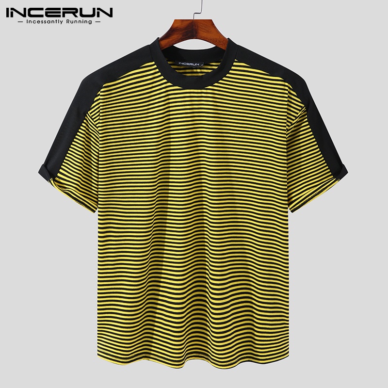Áo thun INCERUN ngắn tay cổ tròn mềm mại họa tiết kẻ sọc phong cách đơn giản cho nam