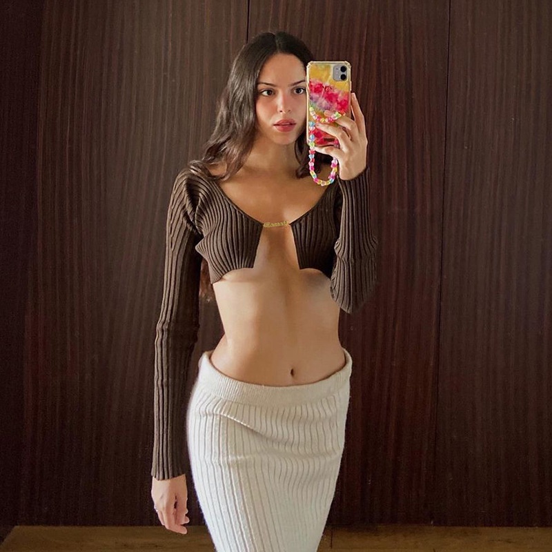 DUNEA Áo thun tay dài dáng ngắn phối khóa kim loại thời trang mới cho nữ