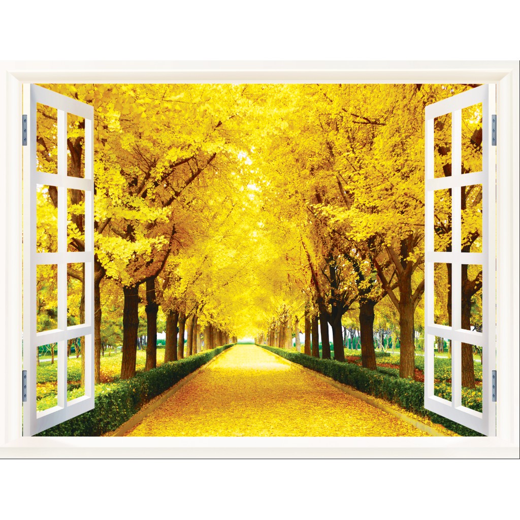 Tranh dán tường 3D cửa sổ mùa thu lá vàng hai hàng cây - VẢI LỤA  phủ kim sa (kích thước theo yêu cầu)