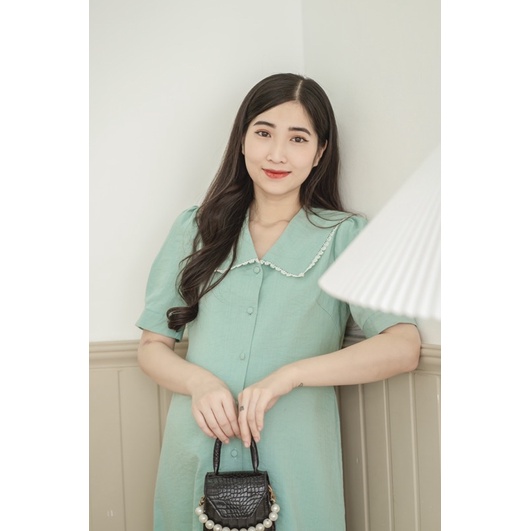 Đầm bầu công sở dáng sơ mi tay phồng nút bọc - Emi Dress