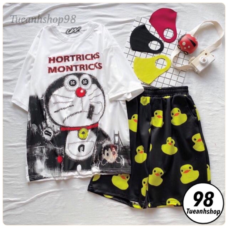 Set bộ đùi cartoon hoạt hình áo 3D + Quần đùi - Set bộ quần áo nữ Unisex Freesize 38-70kgu