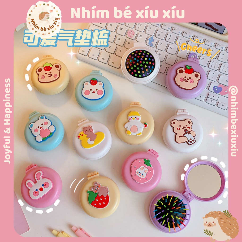 Gương gấp mini kèm lược massage gỡ rối hoạt hình tiện lợi VT149