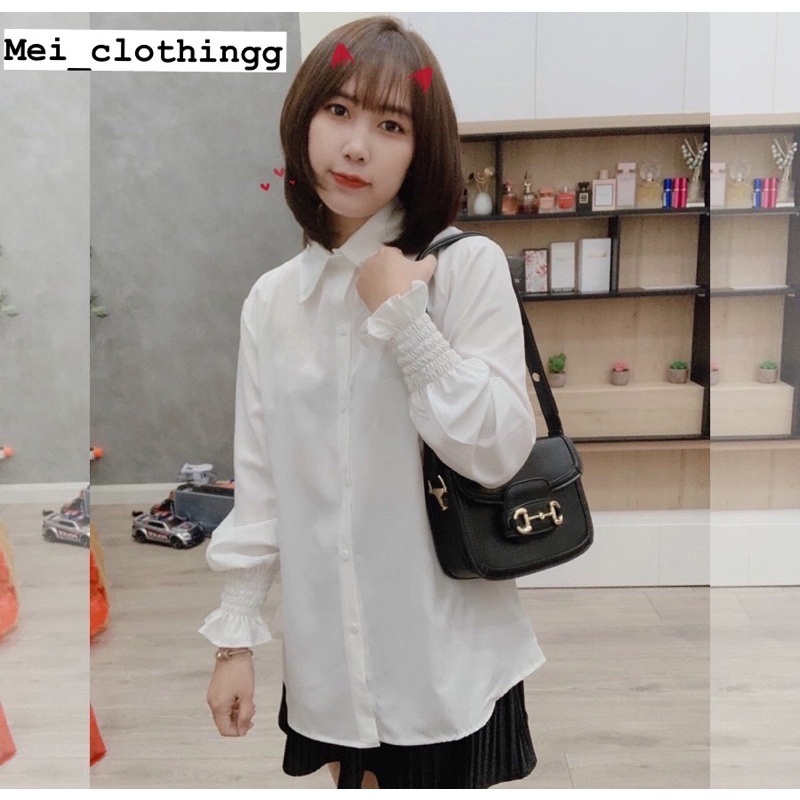 Áo Sơ Mi Nữ Màu Trắng Tay Bo Chun Cổ Đức Chất Đũi Lụa Cao Cấp Cực Sang Chản