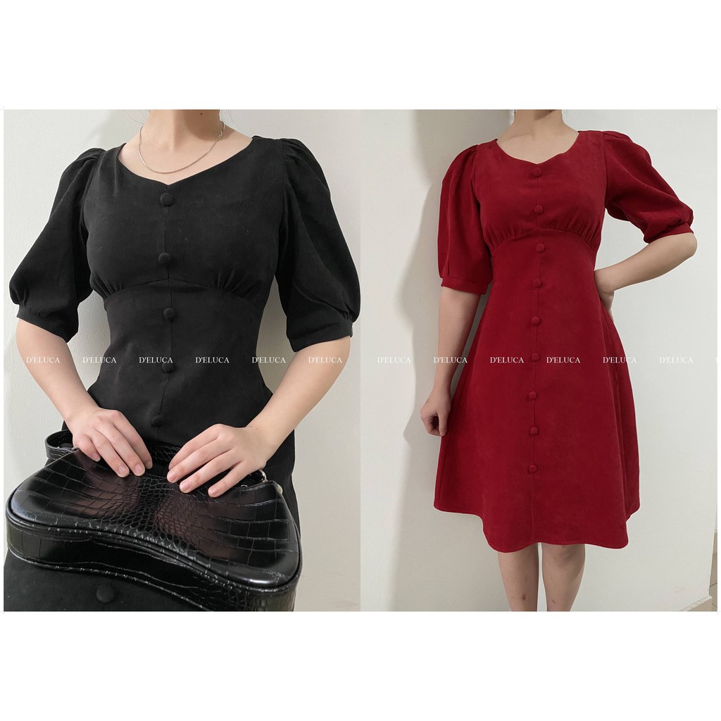 [Hình+Video Thật] Váy Nhung Tăm Cúc Bọc Vải - Đầm Dáng Xòe Tay Phồng Đáng Sắm Nhất Mùa Hè Này