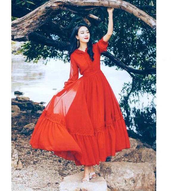 [FREESHIP] Đầm Maxi Đỏ Phối Ren Kèm Nón | BigBuy360 - bigbuy360.vn