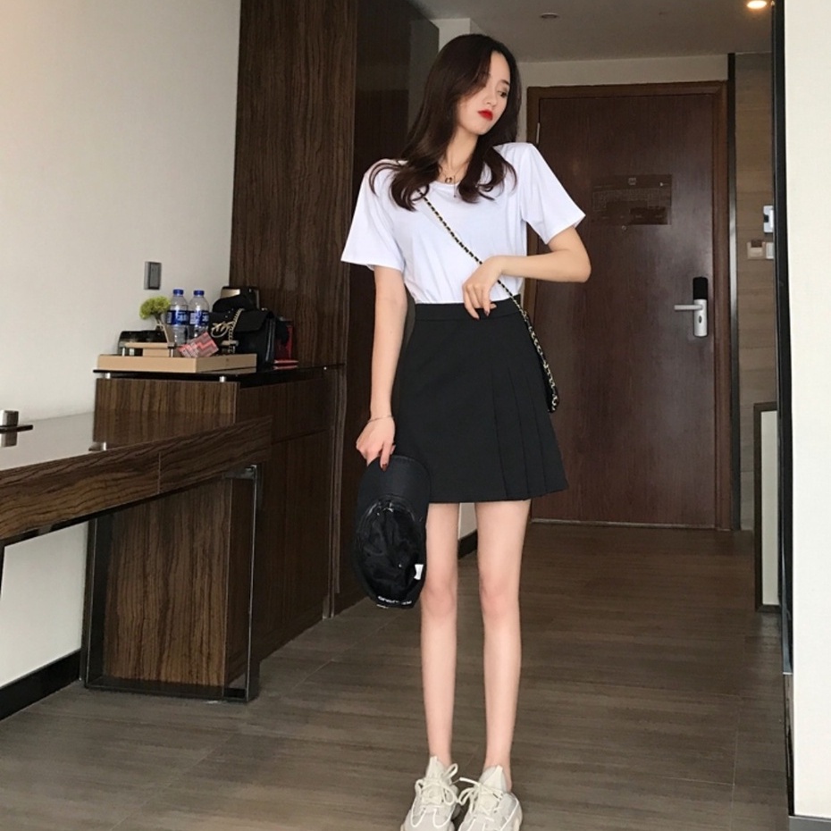 Chân váy ngắn xếp li dáng tennis có quần trong chất vải mềm cạp lưng cao màu đen nâu Chân váy chữ a công sở dáng dài đẹp